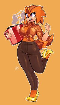 1girl absurdres breasts cleavage coffee_pot curvy earrings female_focus full_body furry furry_female high_heels highres hoop_earrings horns jamoart jewelry large_breasts midriff navel purple_eyes secretary simple_background solo sonic_(series) sonic_superstars sonic_the_hedgehog_(classic) tail trip_the_sungazer wide_hips