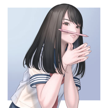 1girl black_hair border brown_eyes commentary gradient_background guitaristkaz hair_flowing_over highres lips long_hair looking_at_viewer mechanical_pencil neckerchief original outside_border own_hands_together pencil pencil_as_mustache puckered_lips purple_background red_neckerchief school_uniform serafuku shirt short_sleeves solo swept_bangs white_border white_shirt