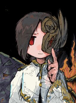 Rule 34 | 1girl, brown hair, dade ne, half mask, hand up, highres, index finger raised, iwanaga ariya, long hair, looking at viewer, mask, short hair, solo, straight-on, touhou