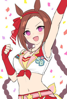 1girl :d animal_ears arm_up belt braid breasts brown_hair cleavage confetti cowboy_shot cropped_shirt fingerless_gloves flower-shaped_pupils gloves hair_ornament hair_ribbon hairband heart heart_necklace horse_ears horse_girl jewelry long_hair looking_at_viewer low_twintails mauve medium_breasts navel necklace official_alternate_costume open_mouth pink_belt purple_eyes red_gloves red_hairband red_ribbon ribbon sakura_bakushin_o_(red-hot_leader)_(umamusume) sakura_bakushin_o_(umamusume) shirt simple_background sleeveless sleeveless_shirt smile solo star_(symbol) star_hair_ornament stomach symbol-shaped_pupils twin_braids twintails umamusume v-shaped_eyebrows very_long_hair white_background white_shirt
