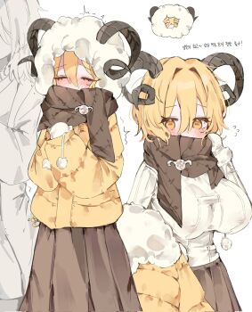 2girls a73398190 animal_pin blonde_hair blush breasts brown_scarf brown_skirt closed_eyes covered_erect_nipples covered_mouth curled_horns don_quixote_(project_moon) double-parted_bangs faust_(project_moon) flying_sweatdrops fur-trimmed_mittens fur_hood fur_trim hair_between_eyes heishou_pack-mao_branch_(identity)_(project_moon) heishou_pack-wei_branch_(identity)_(project_moon) highres horizontal_pupils horns jacket large_breasts limbus_company medium_hair mittens multiple_girls multiple_views pleated_skirt pom_pom_(clothes) project_moon ribbed_sweater robe scarf scarf_over_mouth sheep_girl sheep_horns short_hair simple_background skirt sweater trembling unworn_jacket upper_body white_background white_mittens white_sweater yellow_eyes yellow_jacket