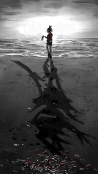 1girl antlers beach blood_on_glass bloody_footprints commentary december_holiday deer_antlers deer_girl deltarune design_speculation different_shadow english_commentary flannel footprints from_behind full_body glass_shards greyscale highres holding holding_shoes holding_unworn_clothes horns monochrome ocean outdoors roaring_knight shoes short_hair shorts sky spot_color ssyyk1sk unworn_shoes utdr_(toby_fox)