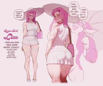 1girl ass audino blue_eyes breasts commentary english_commentary english_text full_body gen_5_pokemon grin highres joy_(pokemon) lizo_(nyantcha) long_hair looking_at_viewer multiple_views muscular nintendo nyantcha open_mouth original pink_hair pokemon pokemon_(creature) scar scar_across_eye scar_on_face skirt smile speech_bubble