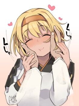 1girl apron armor blonde_hair brown_headband chatan_nakiri_(tenka_hyakken) cheek_press closed_eyes closed_mouth commentary_request dark-skinned_female dark_skin embarrassed frilled_apron frills hand_on_another's_cheek hand_on_another's_face hand_on_another's_hand headband heart japanese_armor kappougi motion_lines pov rkrk short_hair shoulder_armor signature sode tenka_hyakken upper_body