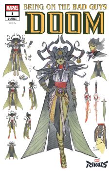 Rule 34 | 1girl, absurdres, animal skull, armor, black horns, body markings, cape, colored skin, comic cover, concept art, copyright logo, copyright name, cover, cover page, demon days (marvel), earrings, english text, extra horns, green skin, hand on own hip, hela (marvel), hela (yami no karasu) (marvel), high heels, highres, horns, japanese clothes, jewelry, logo, looking at viewer, marvel, marvel rivals, official alternate costume, official art, pauldrons, peach momoko, red shoes, reference sheet, shoes, shoulder armor, skull, solo, sword, thor (marvel) (series), weapon, white background