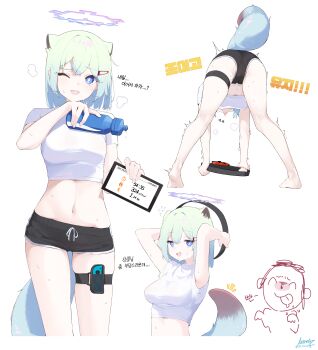 1boy 1girl ^^^ absurdres alternate_costume animal_ears aqua_hair arms_behind_head arms_up barefoot bent_over black_shorts blue_archive blue_eyes blue_halo blush bright_pupils commentary cropped_shirt dated dolphin_shorts doodle_sensei_(blue_archive) exercising flying_sweatdrops hair_between_eyes hair_intakes hair_ornament hairclip halo highres holding holding_tablet_pc holding_tumbler joy-con kneepits korean_text legs_apart looking_at_viewer midriff mona_kkkk multiple_views navel open_mouth ring-con saliva saliva_trail sensei_(blue_archive) shigure_(blue_archive) shirt short_hair short_shorts short_sleeves shorts signature simple_background skindentation smile sportswear sweat tablet_pc tail teeth thigh_strap toes tongue tongue_out translation_request trembling tumbler upper_teeth_only weasel_ears weasel_girl weasel_tail white_background white_pupils white_shirt