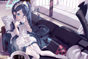 1girl :o absurdly_long_hair apron aqua_ribbon aris_(blue_archive) aris_(maid)_(blue_archive) barefoot black_dress black_hair blue_archive blue_eyes blurry blush borrowed_clothes chair coffee_mug commentary_request commission couch cup depth_of_field dress frilled_apron frilled_dress frills garter_belt green_halo halo highres holding holding_cup indoors long_hair looking_at_viewer maid maid_apron maid_headdress mop mug official_alternate_costume open_mouth pillow pixiv_commission ponytail pov puffy_short_sleeves puffy_sleeves rectangular_halo ribbon shiroitefu short_sleeves sitting solo thighhighs twitter_username very_long_hair white_apron white_thighhighs window