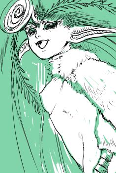 1girl antenna_hair antennae arthropod_girl berserk breasts bug butterfly_wings commentary_request cun_jing highres insect_girl insect_wings looking_to_the_side monster_girl moth_girl neck_fur nipples nude open_mouth rosine_(berserk) smile solo upper_body wings