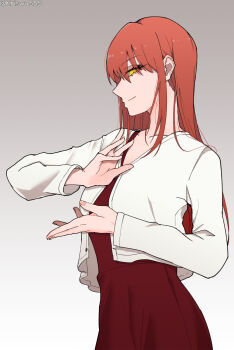 1girl chainsaw_man closed_mouth dress gradient_background grey_background highres long_hair makima_(chainsaw_man) red_dress red_hair ringed_eyes smile solo wuwuwu_(kriswu555) yellow_eyes