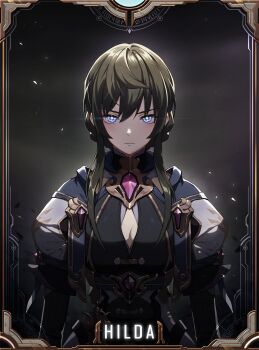 Rule 34 | 1girl, armor, artist request, black background, black dress, border, braid, breasts, brown hair, bun with braided base, cleavage, cleavage cutout, clothing cutout, commentary, commentary request, dress, english commentary, frown, gem, grey eyes, hair bun, highres, hilda (king's raid), king's raid, korean commentary, long hair, long sidelocks, medium breasts, mixed-language commentary, official art, purple gem, second-party source, sidelocks, solo, upper body, white armor