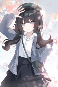 1girl beret black_hair black_skirt blunt_bangs book_off cardigan closed_mouth green_bag green_hat grey_cardigan grey_eyes hair_ornament hair_scrunchie hat highres ksjsa kurobe_nanoka long_hair long_sleeves looking_at_viewer mahou_shoujo_no_majo_saiban official_alternate_costume outdoors scrunchie shirt skirt sky solo standing twintails white_shirt