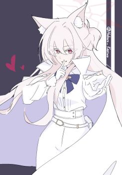 Rule 34 | 1girl, akira (blue archive), animal ears, black choker, blue archive, cat ears, choker, coat, finger to mouth, gloves, halo, heart, highres, hukuro kasiwa, long hair, long sleeves, pants, pink hair, pink halo, red eyes, smile, solo, white coat, white gloves, white hair, white pants