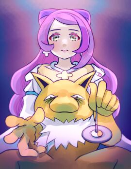 1girl closed_mouth coat coin commentary_request earrings eyelashes from_below gen_1_pokemon green_eyes highres holding holding_string holed_coin hypno jewelry long_hair looking_at_viewer looking_down mentarakooo miriam_(pokemon) nintendo pendulum pink_hair pokemon pokemon_(creature) pokemon_sv string sweater white_coat yellow_sweater