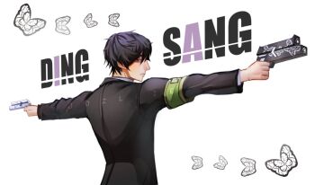 Rule 34 | 1boy, animal print, black butterfly, black coat, black eyes, black hair, bug, butterfly, butterfly print, coat, collared shirt, dual wielding, e.g.o (project moon), english text, exhausted, green arm, gun, handgun, holding, holding gun, holding weapon, insect, jozllie, limbus company, looking back, male focus, monarch butterfly, official alternate costume, outstretched arms, project moon, shirt, short hair, solemn lament (e.g.o), solo, upper body, weapon, white butterfly, white shirt, yi sang (project moon)