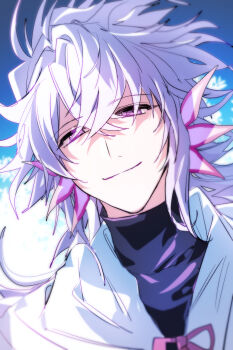 0304rong0304 1boy absurdres blurry closed_mouth commentary crossed_bangs fate/grand_order fate_(series) hair_between_eyes highres long_hair looking_at_viewer male_focus merlin_(fate) portrait purple_eyes purple_hair smile solo turtleneck