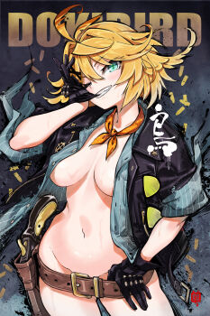 1girl ;d ahoge belt black_gloves black_jacket blonde_hair blue_shirt breasts brown_belt collared_shirt commentary dokibird dokibird_(bounty_hunter) english_commentary feather_hair gloves green_eyes grin gun handgun highres holster indie_virtual_youtuber jacket large_breasts looking_at_viewer naked_shirt navel neckerchief one_eye_closed open_mouth pinstripe_pattern pinstripe_shirt robot_cat_(robotcatart) shirt short_hair smile solo spiked_hair stomach virtual_youtuber weapon yellow_neckerchief