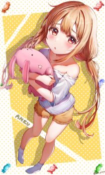 1girl absurdres blonde_hair blush candy commentary_request flat_chest food full_body futaba_anzu highres holding holding_stuffed_toy idolmaster idolmaster_cinderella_girls long_hair looking_at_viewer low_twintails orange_eyes parted_lips shorts single_bare_shoulder socks solo stuffed_animal stuffed_rabbit stuffed_toy twintails yugao_(kam_pom37)