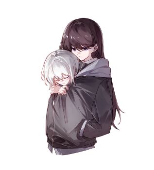 2girls bang_dream! bang_dream!_it&#039;s_mygo!!!!! black_hair black_jacket blue_eyes closed_eyes heterochromia hibioes highres jacket kaname_raana long_hair mole mole_under_eye multiple_girls purple_eyes shared_clothes shared_jacket shiina_taki simple_background white_background yellow_eyes