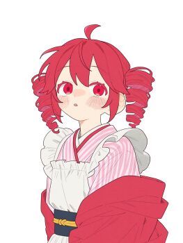 1girl apron blush colored_eyelashes dress drill_hair highres kasane_teto kasane_teto_(utau) looking_afar ofo_j1 open_mouth red_eyes red_hair solo twin_drills utau white_background