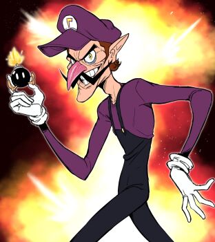 Rule 34 | 1boy, bob-omb, explosion, facial hair, gloves, hat, highres, large nose, looking at viewer, male focus, mario (series), mustache, nintendo, overalls, pointy ears, pointy nose, teevo, waluigi
