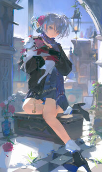 1girl \||/ absurdres animal ankle_socks asymmetrical_bangs baby_animal bare_legs black_boots black_coat blue_dress blue_scarf blue_sky boots carpet chain chain_belt checkered_floor chinese_commentary closed_mouth coat commentary_request day dress eyelashes flower full_body gloves gold_chain grey_eyes grey_hair hair_flower hair_ornament high_heel_boots high_heels highres holding holding_animal huanxiong_shangshu indoors kneeling lamb lantern long_sleeves looking_at_viewer open_clothes open_coat original red_flower red_gloves red_rose rose scarf sheep short_dress short_hair sky sleeve_cuffs smile socks solo sunflower vase white_socks window yellow_flower