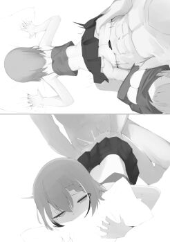 1boy 2girls abs ass bar_censor censored ceres_fauna ceres_fauna_(goth) clothed_female_nude_male clothed_sex commentary cum cum_in_pussy english_commentary ffm_threesome from_above group_sex hair_between_eyes hetero hololive hololive_english monochrome multicolored_hair multiple_girls nanashi_mumei nanashi_mumei_(emo) nude official_alternate_costume official_alternate_hair_length official_alternate_hairstyle pillow pillow_grab pleated_skirt pussy recklessdraw sex sex_from_behind short_hair skirt streaked_hair tank_top threesome vaginal virtual_youtuber