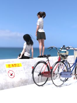 2girls 3d atari_kuji beach bicycle bicycle_basket black_hair blue_sky day highres hybrid_bicycle long_hair multiple_girls ocean original ponytail school_uniform skirt sky summer