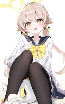 1girl absurdres black_panties blonde_hair blue_archive blue_skirt cardigan commentary_request halo hifumi_(blue_archive) highres long_hair panties peroro_(blue_archive) school_uniform simple_background sitting skirt underwear urashima_jiro yellow_eyes yellow_halo