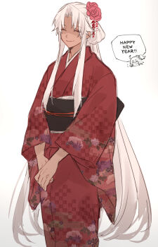 1boy 1girl absurdres ahoge alternate_costume alternate_hairstyle amakusa_shirou_(fate) amakusa_shirou_(third_ascension)_(fate) checkered_clothes checkered_kimono chibi chibi_inset closed_eyes commentary cowboy_shot english_text fate/grand_order fate_(series) flower fujimaru_ritsuka_(female) hair_flower hair_ornament happy_new_year highres japanese_clothes kimono long_hair new_year obi one_side_up red_kimono sash sidelocks smile solo_focus tofu_(bean359) very_long_hair white_hair wide_sleeves