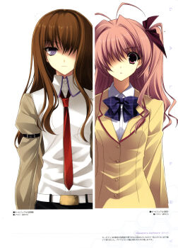 2girls :i absurdres ahoge armband belt belt_buckle blazer bow bowtie brown_hair brown_jacket buckle buttons chaos;head checkered_bow checkered_bowtie checkered_clothes closed_mouth collared_shirt company_connection expressionless hair_bow hair_intakes hair_over_breasts highres jacket lapels long_hair looking_at_viewer makise_kurisu multiple_girls necktie official_art one_eye_covered open_clothes open_jacket parted_lips phantom_breaker pink_eyes pink_hair plaid_bow plaid_bowtie plaid_clothes purple_bow purple_bowtie purple_eyes purple_trim red_bow red_necktie red_trim sakihata_rimi school_uniform science_adventure shirt sidelocks split_screen star_(symbol) star_print steins;gate suimei_school_uniform suzuhira_hiro upper_body white_background white_belt white_shirt yellow_jacket