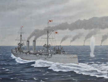 absurdres acrylic_paint_(medium) atelier_bono battle cannon cloud cloudy_sky cruiser first_sino-japanese_war flag highres imperial_japanese_navy mast military_vehicle naval_battle no_humans ocean original painting_(medium) ship ship_turret sky smoke smokestack traditional_media vehicle_focus warship watercraft waves yoshino_(cruiser)