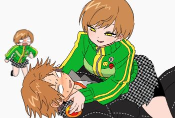 Rule 34 | 1boy, 2girls, badge, black jacket, black pants, blank eyes, blurry, blurry background, blush, brown hair, button badge, commentary request, dual persona, girl on top, green jacket, hanamura yousuke, headphones, headphones around neck, hetero, highres, houndstooth, jacket, korean commentary, long sleeves, looking at another, lying, multiple girls, on back, open mouth, pants, persona, persona 4, running, satonaka chie, school uniform, shadow (persona), shadow chie, shiryoku kensa, short hair, shorts, shorts under skirt, simple background, smile, straddling, sweat, white background, yasogami school uniform, yellow eyes