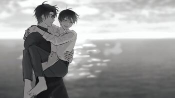 Rule 34 | 2boys, arm around neck, bandaid, bandaid on hand, barefoot, black hair, black shirt, carrying, carrying person, collared shirt, full body, grin, highres, horizon, keomikan, kim dokja, multiple boys, ocean, omniscient reader's viewpoint, shirt, short hair, sleeves rolled up, smile, white shirt, wide shot, yoo joonghyuk