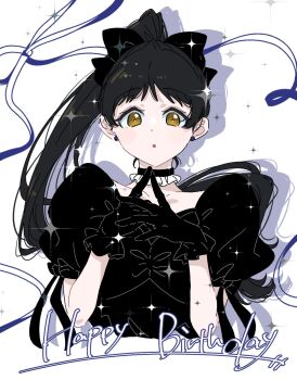 1girl :o black_bow black_choker black_dress black_gloves black_hair blue_ribbon bow choker commentary_request cropped_torso dress drop_shadow earrings frilled_choker frills gloves happy_birthday hazuki_ren high_ponytail highres jewelry long_hair looking_at_viewer love_live! love_live!_superstar!! parted_lips ponytail puffy_short_sleeves puffy_sleeves ribbon short_sleeves solo sparkle stud_earrings toto_(ke_ke99) yellow_eyes