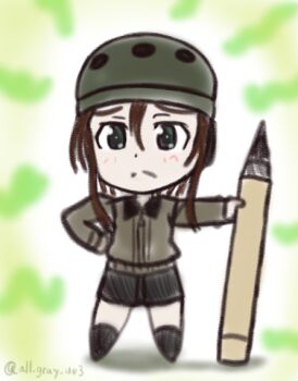 Rule 34 | 1girl, brown hair, brown shorts, chibi, chibi only, girls und panzer, green eyes, grey jacket, haiiro purin, helmet, helmet-chan (girls und panzer), holding tank shell, jacket, saunders military uniform, short hair, short shorts, shorts, signature, tank helmet, tank shell
