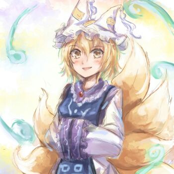 Rule 34 | 1girl, animal ears, blonde hair, blue tabard, blush, commentary, dress, fox ears, fox tail, hat, highres, long sleeves, mob cap, multiple tails, open mouth, own hands together, short hair, solo, tabard, tail, touhou, uwazumi, white background, white dress, white hat, wide sleeves, yakumo ran, yellow eyes