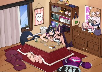 2girls animal_ear_fluff arm_support barefoot black_choker black_hair blue_eyes bomb book bookshelf braid breasts cellphone character_doll character_request chiikawa chiikawa_(character) choker cleavage collarbone commentary commission copyright_request curtains doll doro_(nikke) dress english_commentary explosive eyelashes feet foot_focus goddess_of_victory:_nikke grem_(gigi_murin) hair_between_eyes hair_ornament hair_rings hairband headphones highres holding holding_phone hololive hololive_english hood hoodie horns indoors kasane_teto kotatsu medium_breasts melty_blood multiple_girls nail_polish neco-arc original pearto pebble_(koseki_bijou) phone pipe_bomb plant poster_(object) potted_plant purple_eyes purple_hair purple_hoodie red_hairband sitting skin-covered_horns smartphone softhanten soles table tail takodachi_(ninomae_ina'nis) toenail_polish toenails toes tsukihime twin_braids unworn_dress unworn_headphones unworn_hoodie utau violett_(k-rha) window wooden_floor