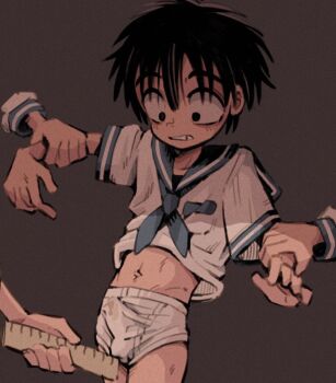 4boys black_hair boxer_briefs briefs bulge clenched_teeth commentary covered_penis cum cum_in_clothes cum_through_clothes erection erection_under_clothes holding lunchbox_(illillilliiliil) male_focus male_underwear measuring multiple_boys navel original penis penis_measuring penis_peek ruler sailor_collar school_uniform serafuku shirt short_hair shota simple_background solo solo_focus symbol-only_commentary teeth underwear white_male_underwear