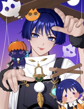 1boy anemo_symbol_(genshin_impact) animal animal_on_shoulder animalization aqua_gemstone black_overalls blunt_ends bright_pupils casual cat cat_on_shoulder character_doll contemporary curled_fingers doll eyeliner eyeshadow feathers fingernails fur_wrist_cuffs gem genshin_impact halloween halloween_costume hands_up head_tilt highres looking_at_viewer makeup male_focus marionette marionette_controller melyuuto official_alternate_costume outstretched_arms overalls person_and_animalization pom_pom_(clothes) pumpkin_hat puppet puppet_strings purple_background purple_cat purple_eyes purple_hair red_eyeliner red_eyeshadow scaramouche_(cat)_(genshin_impact) scaramouche_(genshin_impact) shirt short_sleeves straight-on tongue tongue_out tsurime twitter_username undershirt vision_(genshin_impact) wanderer_(genshin_impact) white_pupils white_shirt white_sleeves wispy_bangs wrist_cuffs yellow_feathers zombie_pose