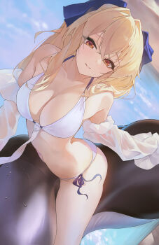 1girl absurdres anchorage_(azur_lane) anchorage_(dolphins_and_swim_lessons)_(azur_lane) azur_lane bare_shoulders bikini blonde_hair blue_ribbon bow breasts cleavage collarbone detached_sleeves hair_bow hair_ribbon halterneck highres inflatable_toy large_breasts long_hair looking_at_viewer navel official_alternate_costume orange_eyes red_eyes ribbon see-through_clothes side-tie_bikini_bottom smile smile12190 solo swimsuit wet white_bikini