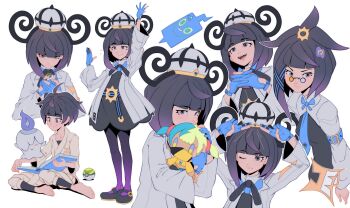 1girl absurdres aged_down arnaud_tegny bad_tag black_dress black_hair blue_gloves blunt_bangs bob_cut canari_(pokemon) closed_mouth coat dress gen_4_pokemon gen_5_pokemon glasses gloves gradient_hair gwynn_(pokemon) hat highres litwick long_sleeves mega_stone multicolored_hair multiple_views nest_ball nintendo open_clothes open_coat pantyhose partially_fingerless_gloves pokemon pokemon_legends:_z-a purple_eyes purple_hair rotom rotom_phone short_hair smile white_background white_coat