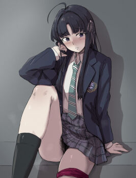 1girl ahoge awa_subaru black_hair black_socks blush clenched_teeth girls_band_cry long_hair looking_to_the_side miniskirt necktie plaid_clothes plaid_skirt pubic_hair purple_eyes school_uniform shy sitting skirt socks solo striped_necktie teeth x4824