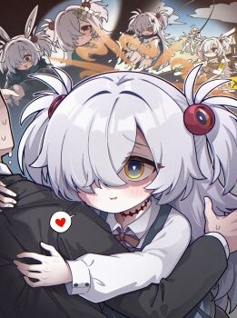 Rule 34 | 1boy, 2girls, @ @, absurdres, amiya (arknights), amiya (arknights) (cosplay), animal ears, arknights, blue archive, blush, brown halo, commentary, cosplay, costume request, fishing rod, genshin impact, golmonggu, grey hair, hair over one eye, halo, heart, heart-shaped pupils, highres, holding, holding fishing rod, jewelry, kanoe (blue archive), kokkoro (princess connect!), kokkoro (princess connect!) (cosplay), korean commentary, long hair, lumine (genshin impact), multiple girls, multiple rings, paimon (genshin impact), paimon (genshin impact) (cosplay), princess connect!, ring, sensei (blue archive), shirt, spoken heart, symbol-shaped pupils, two side up, white shirt, yellow eyes