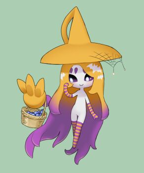 Rule 34 | 1girl, animal print, basket, bat print, black sclera, blonde hair, blue eyes, blush, bright pupils, colored sclera, elbow gloves, gen 8 pokemon, gloves, green background, halloween, halloween costume, hat, hatterene, long hair, looking to the side, multicolored hair, nintendo, no humans, pokemon, purple hair, rare candy, silk, smile, solo, spider web, striped clothes, striped gloves, striped thighhighs, tentacle hair, thighhighs, tosx, two-tone hair, witch hat