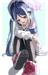 Rule 34 | 1girl, blue archive, blue hair, cpk prd, fubuki (blue archive), long hair, long sleeves, looking at viewer, open mouth, pink eyes, shoes, sitting, smile, solo, twintails