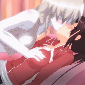 2girls animated animated_gif bare_shoulders bed bedroom blush breasts brown_hair closed_eyes deep_skin female_focus girl_on_top grabbing_another's_breast groping hangaku jacket kiss left_4_dead left_4_dead_1 long_hair medium_breasts multiple_girls no_eyes pale_skin pillow ponytail shirt silver_hair witch_(left4dead) yuri zoey_(left4dead)