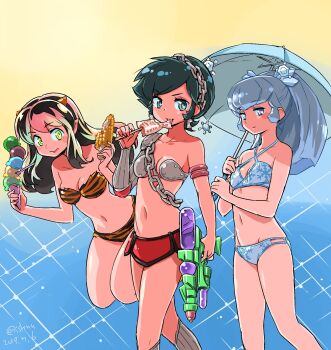 3girls :q animal_print armlet armor artist_name bare_arms bare_legs bare_shoulders benten_(urusei_yatsura) bikini black_hair blue_bikini blue_eyes blue_hair blue_umbrella breasts chain cleavage closed_mouth commentary cone_horns corn counter dated eating fish floating food glint green_eyes grey_socks groin hair_ornament high_ponytail highres holding holding_corn holding_ice_cream_cone holding_stick holding_umbrella holding_water_gun horns ice ice_cream ice_cream_cone ice_cream_spoon isedaichi_ken jewelry kneehighs licking_lips long_hair looking_at_viewer lum medium_breasts metal_bikini multiple_girls multiple_scoops navel oni oyuki_(urusei_yatsura) pauldrons pink_hair pointy_ears ponytail print_bikini rerebrace ribbed_socks short_hair shoulder_armor single_pauldron single_vambrace small_breasts smile socks spoon standing stick strapless strapless_bikini swept_bangs swimsuit tiger_print tongue tongue_out too_many too_many_scoops twitter_username umbrella urusei_yatsura vambraces walking water_gun yellow_eyes