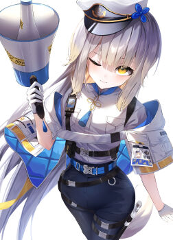 1girl :3 a_sayu absurdres animal_ears belt black_pantyhose black_shorts blue_belt breast_pocket buckle caution_tape chest_harness closed_mouth commentary cropped_jacket from_above gloves gradient_hair grey_hair hand_up harness hat high-waist_shorts highres holding holding_megaphone id_card jacket keep_out long_hair looking_at_viewer megaphone multicolored_hair neck_tassel nijisanji one_eye_closed pantyhose peaked_cap pocket police_hat shioriha_ruri shioriha_ruri_(1st_costume) shirt shirt_tucked_in short_sleeves shorts sidelocks simple_background smile snap-fit_buckle solo standing tassel thigh_belt thigh_strap two-sided_fabric two-sided_jacket very_long_hair virtual_youtuber white_background white_gloves white_shirt yellow_eyes