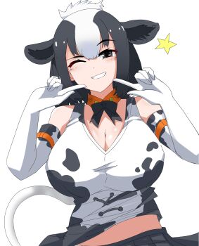 1girl absurdres animal_ears animal_print black_hair blush bow bowtie breasts camouflage camouflage_skirt cleavage collar cow_ears cow_girl cow_print cow_print_gloves cow_tail elbow_gloves gloves highres holstein_friesian_cattle_(kemono_friends) kemono_friends large_breasts looking_at_viewer multicolored_hair nanoder open_mouth orange_collar print_gloves print_shirt shirt short_hair skirt smile solo tail two-tone_hair white_hair
