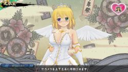 1girl 3d abstract_background angel_wings animated blonde_hair blush bouncing_breasts breasts dress elbow_gloves game_console gloves heterochromia kiss looking_at_viewer video playstation_4 ryouna_(senran_kagura) senran_kagura senran_kagura_estival_versus tagme tiara sound white_background white_dress wings